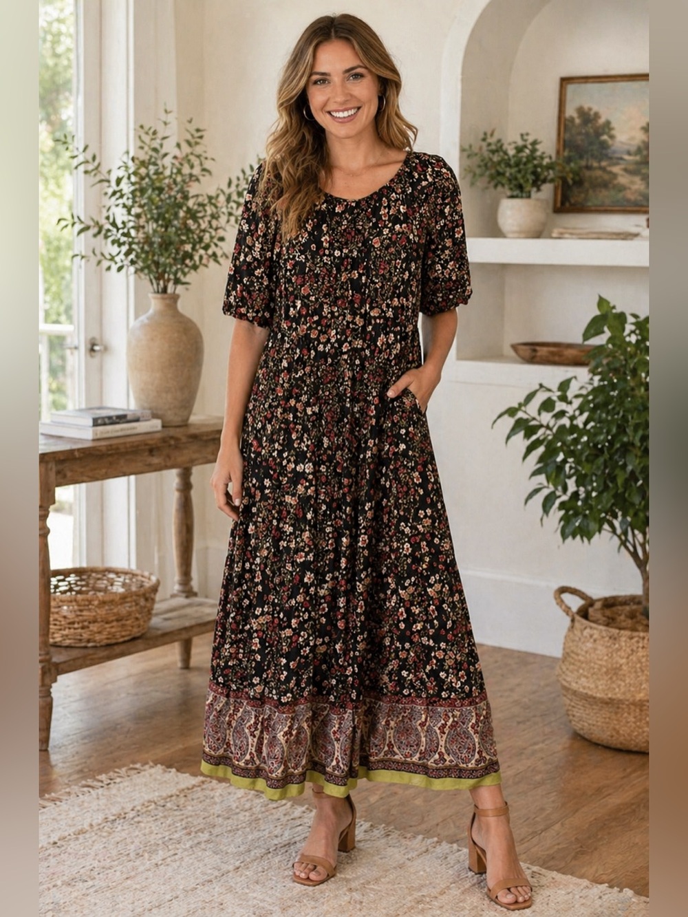 DownEast Black Floral Midi Dress XL